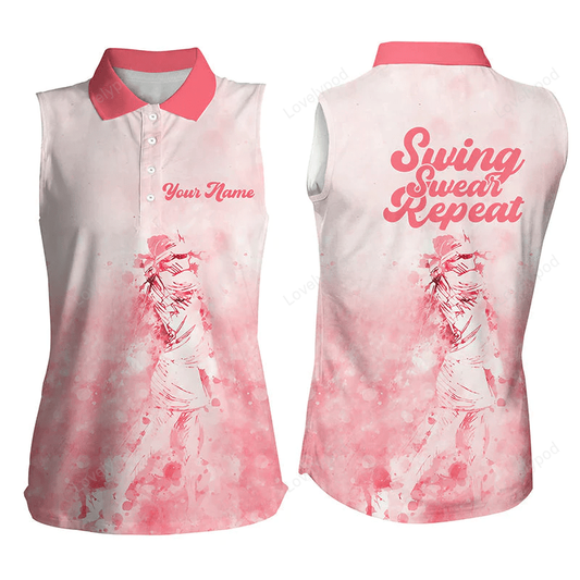 Womens sleeveless polo shirt custom name swing swear repeat golf shirt, ladies golf tops GY0558