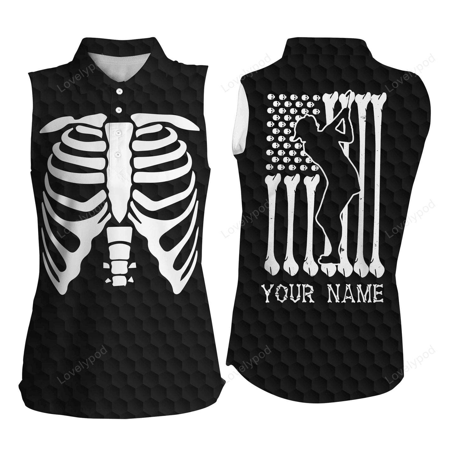 Personalized funny boner women's sleeveless polo shirt skeleton american flag custom name black white golf shirt GY0539