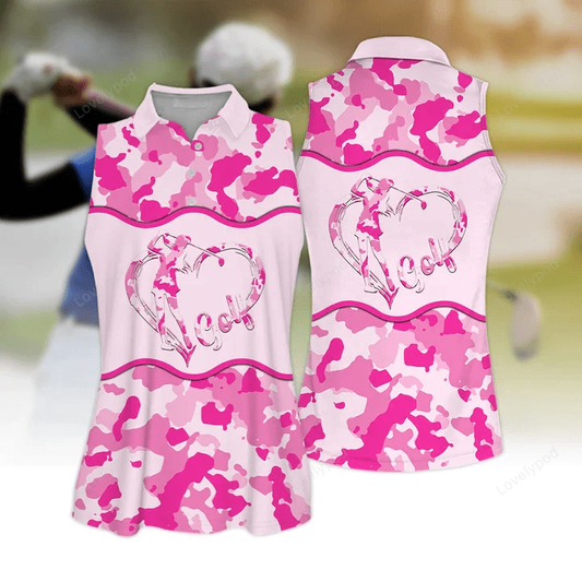 3d all over print heart shirt, pink golf camouflage pattern sleeveless polo shirt GY0545