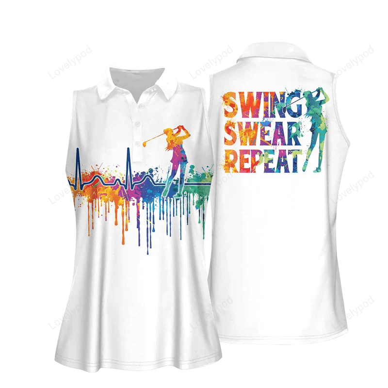 Watercolor golf heart beat swing swear repeat women sleeveless polo shirt GY0571