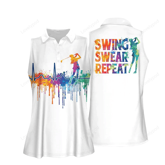 Watercolor golf heart beat swing swear repeat women sleeveless polo shirt GY0571