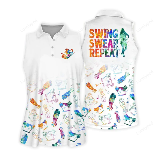 3d all over printed polo shirt for women, swing swear repeat golf polo shirt GY0603
