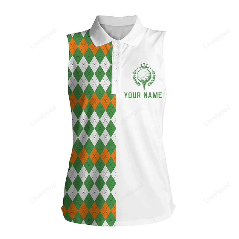 Sleeveless golf polo shirts for women custom green argyle plaid pattern golf shirt GY0621