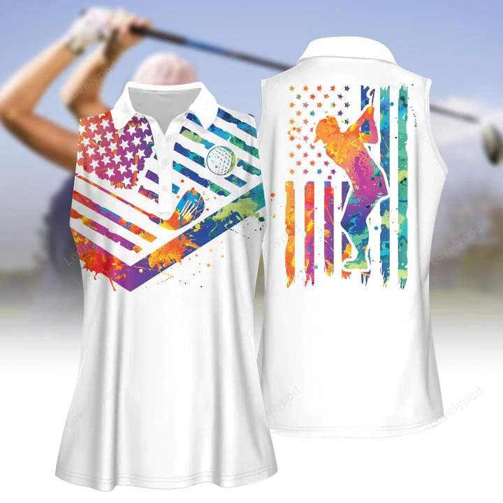 Watercolor america flag with silhouette women sleeveless polo shirt, golf shirt for her GY0573