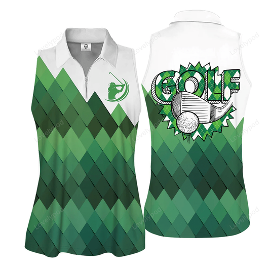 Golf pattern green sleeveless & zipper polo shirt for woman GY0568