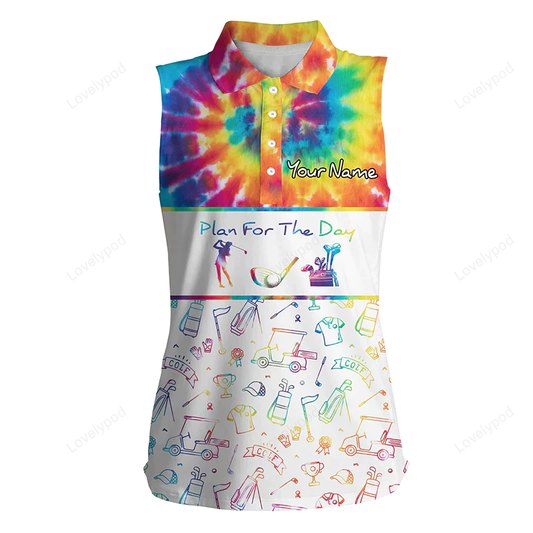 Women's sleeveless golf polo shirt, plan for the day golf icons custom name tie dye womens golf tops GY0597