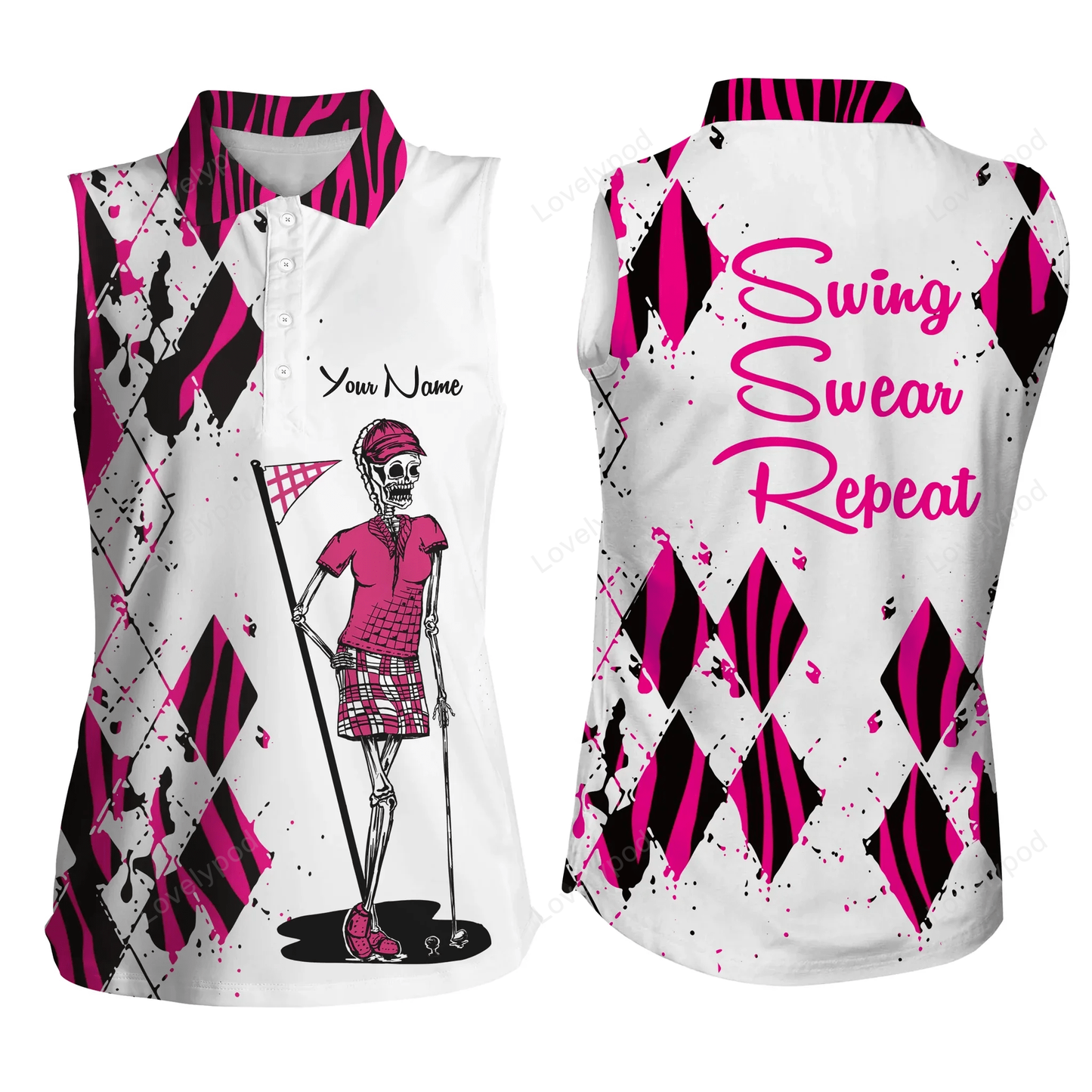 Women sleeveless polo shirts, custom ladies golf skull pink zebra pattern golf shirt swing swear repeat GY0594