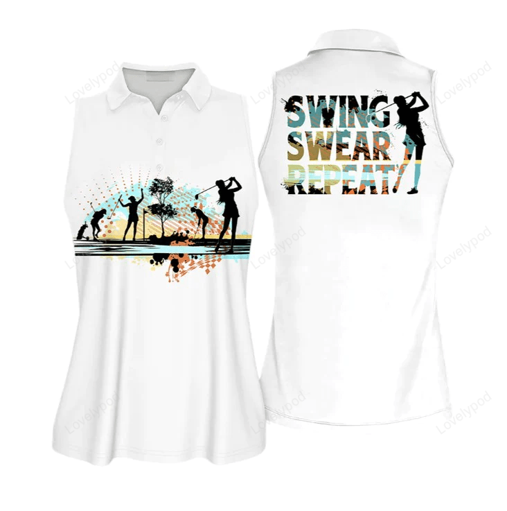 Golf club swing swear repeat black sleeveless polo shirt, women short sleeve polo shirt GY0642