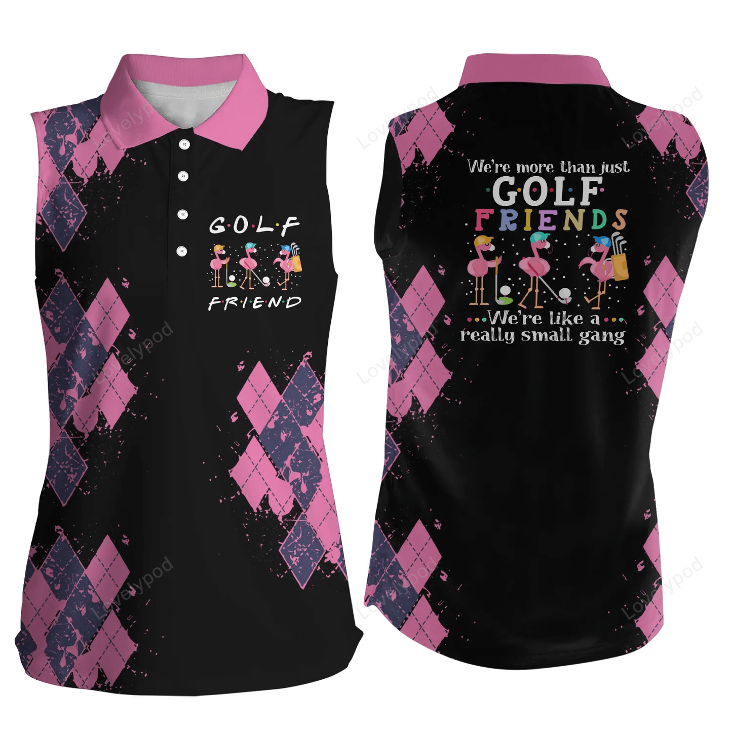 Women's sleeveless golf polo shirt, we're more than just golf friends flamingo funny shirt GY0643