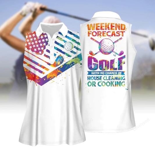 Women golf polo shirt, tie-dye american flag weekend forecast golf sleeveless polo shirt, women golf shirt GY0677