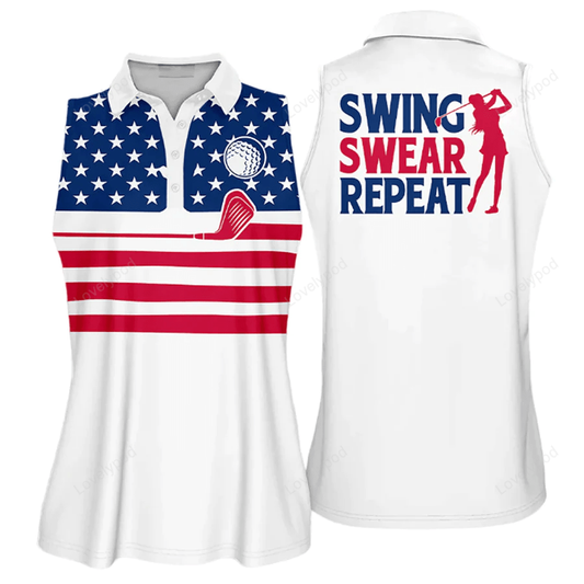 Womens golf polo shirt american flag swing swear repeat sleeveless polo shirt, sleeve polo shirt women golf GY0720