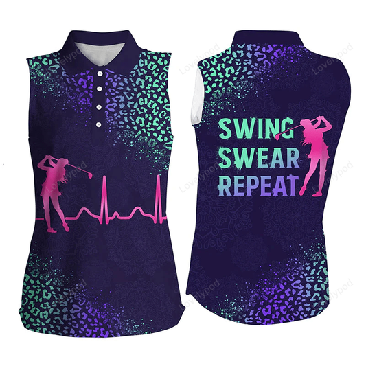 Women's sleeveless golf polo shirt golf heartbeat swing swear repeat purple gradient leopard pattern GY0661