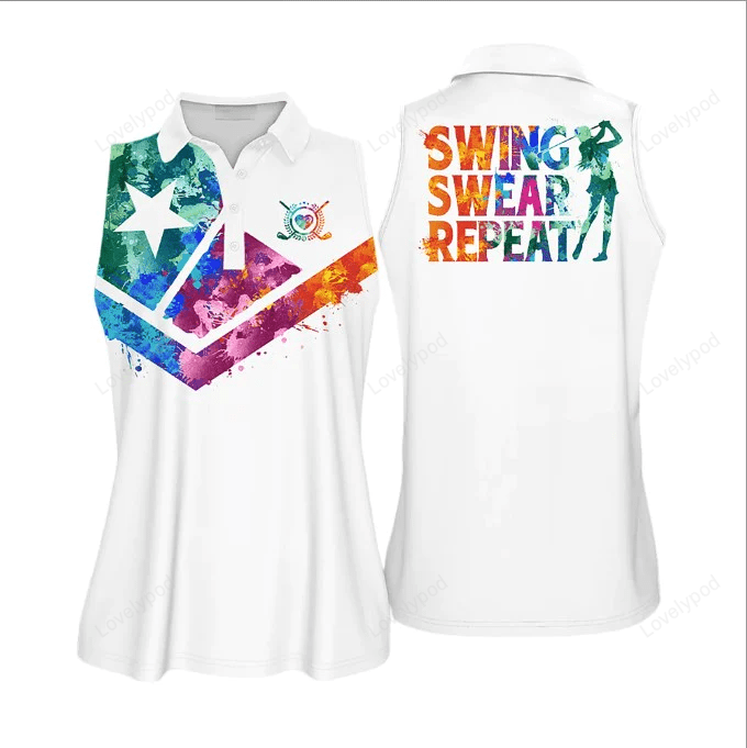 Golf watercolor swing swear repeat texas flag golf sleeveless polo shirt for women GY0765