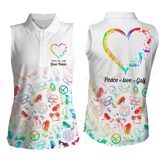 Women sleeveless polo shirts custom watercolor peace love golf, personalized golf shirt GY0731