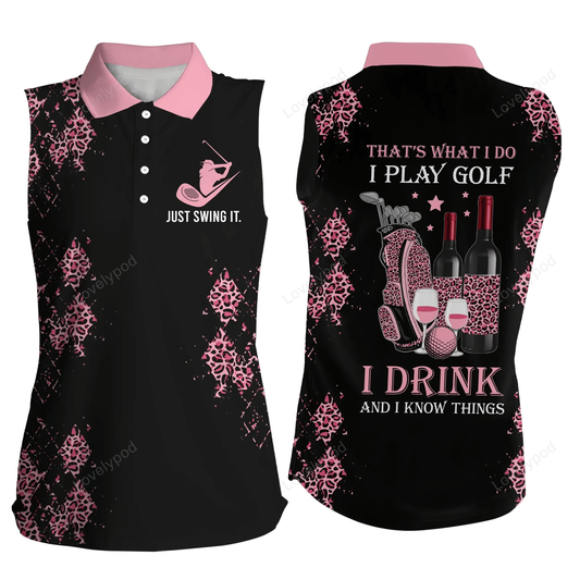 Black pink leopard womens sleeveless polo shirt, funny golf wine that's what i do, i play golf i drink GY0721