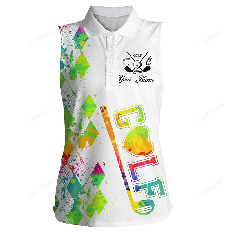 Womens sleeveless golf polo shirt, custom name watercolor golf clubs white golf shirt for women GY0790