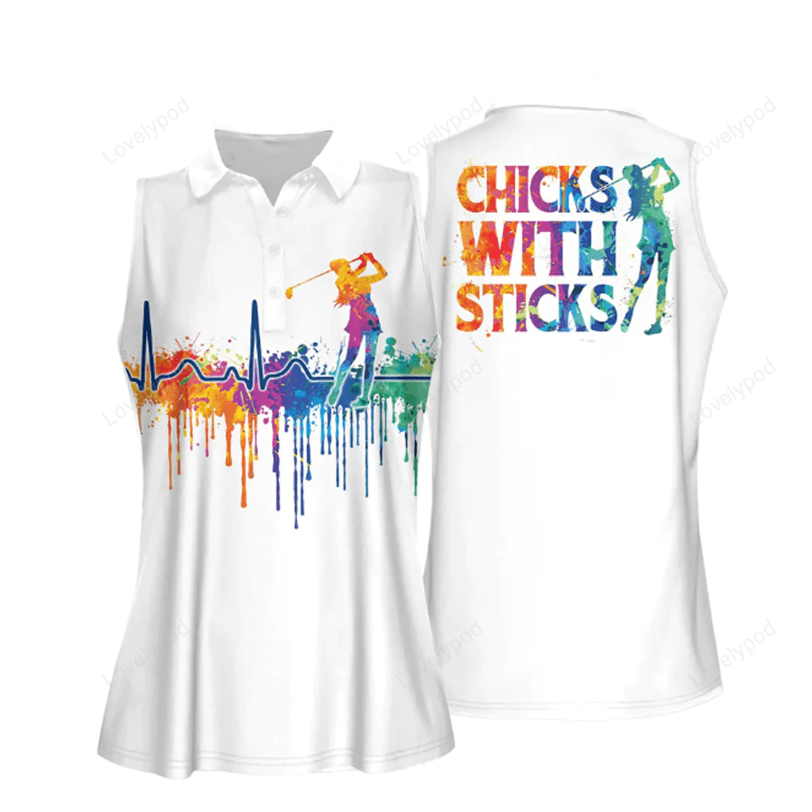 Watercolor golf heart beat chicks with sticks women sleeveless polo shirt, golf shirt, gift for golf player GY0763