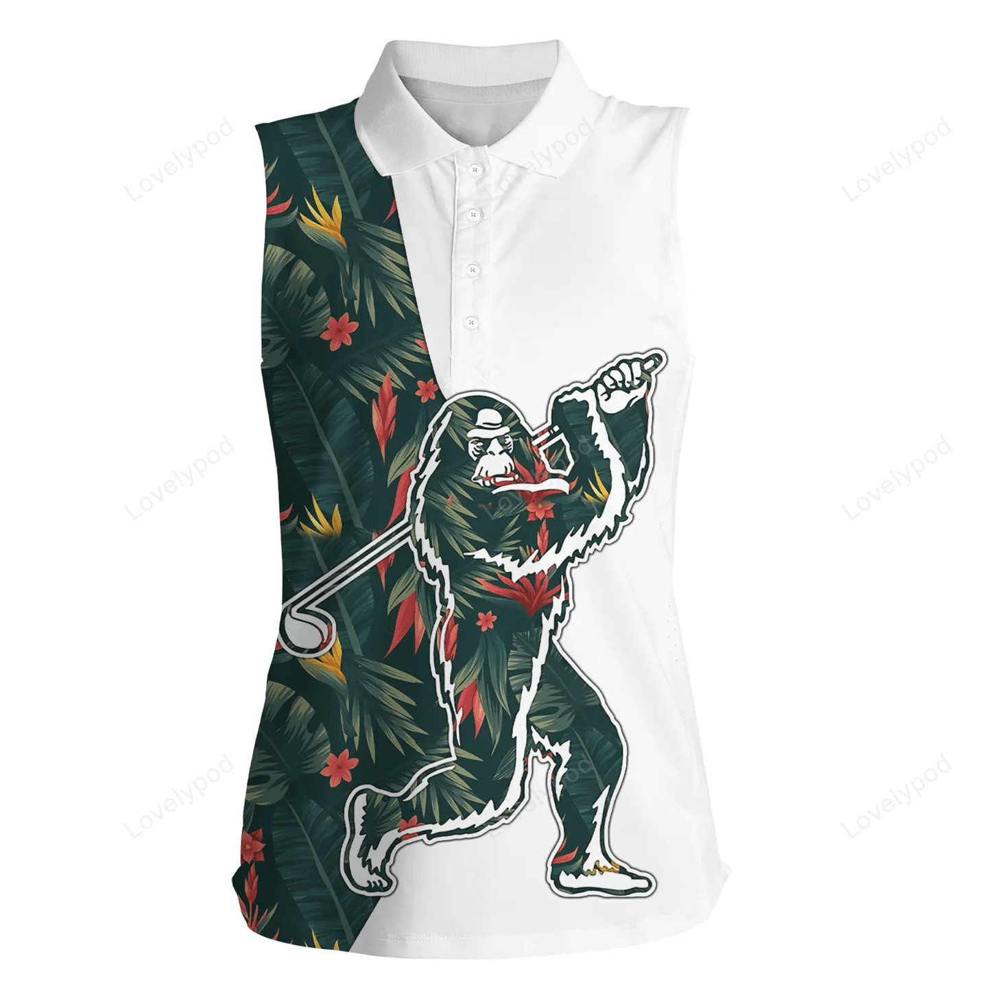 Bigfoot women sleeveless golf polo shirt, colorful tropical leaves pattern sasquatch playing golf GY0723