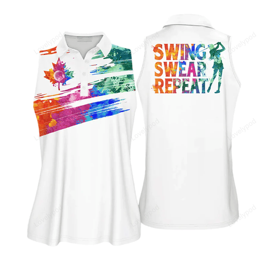 Watercolor scratched flag canada swing swear repeat golfer gift color, sleeve polo shirt women golf GY0717