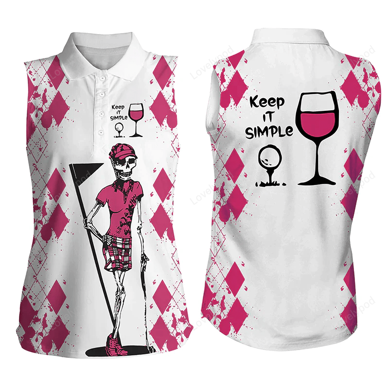 White pink womens golf shirt, skull keep it simple golf & wine women's sleeveless golf polo shirt GY0795