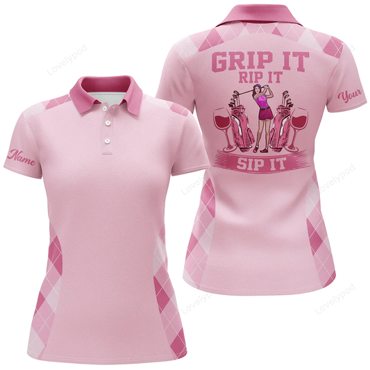 Funny womens golf polo shirt custom name grip it rip it sip it, golf tops for ladies GY0881