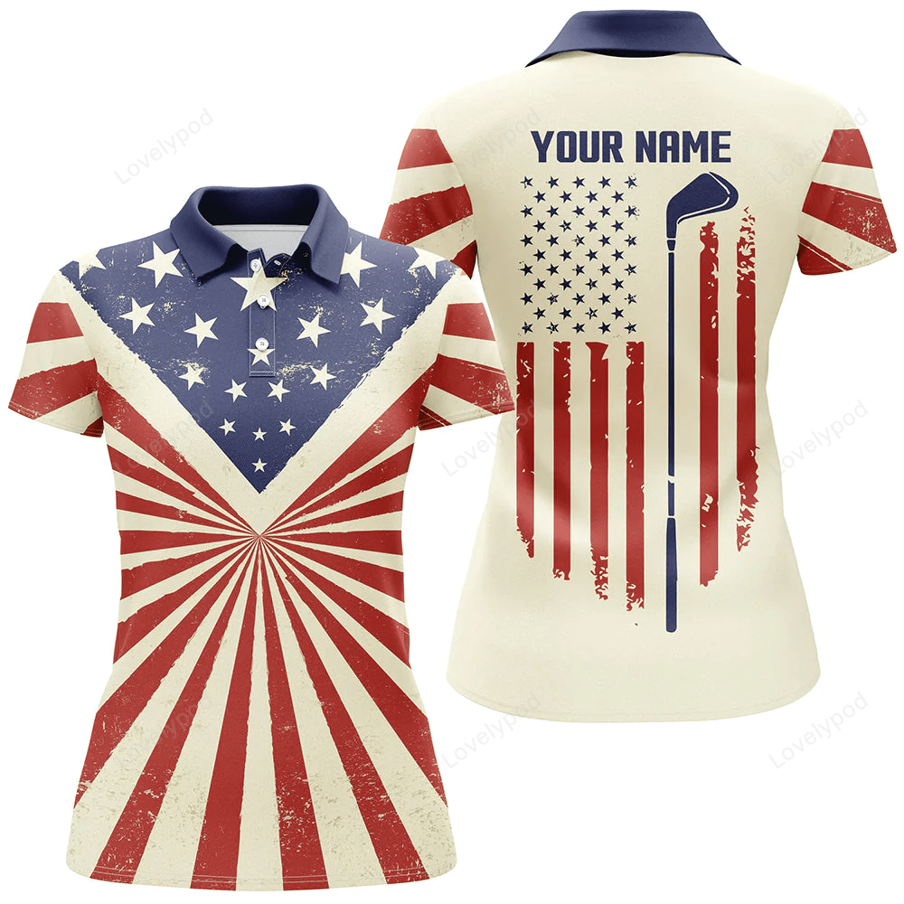 Vintage american flag patriotic womens golf polo shirt custom golf tops for ladies patriotic golf gift GY0839