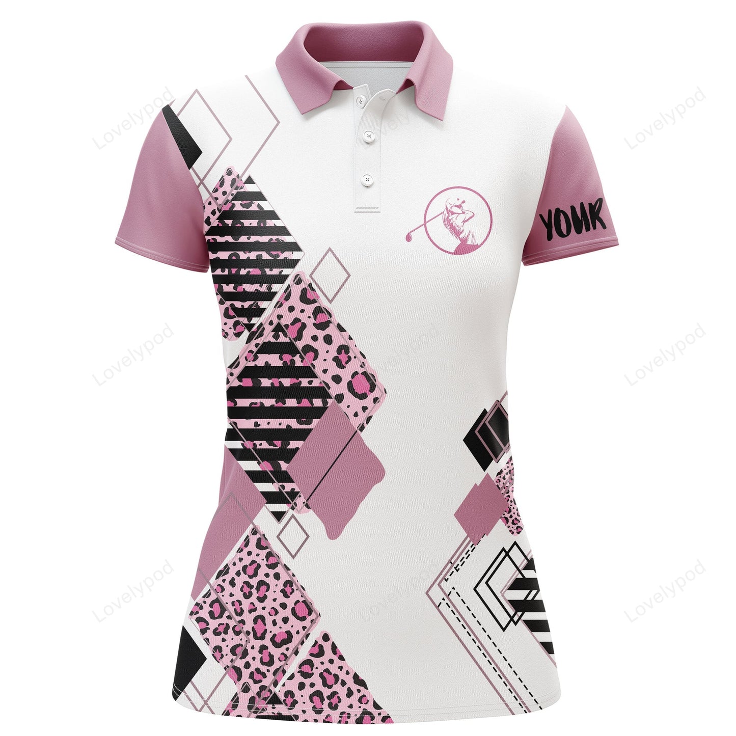 Pink womens golf polo white shirt leopard pattern custom name golf gift for women GY0901