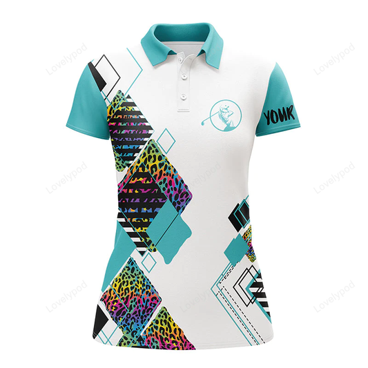 Light blue womens golf polo white shirt colorful leopard pattern custom name golf gift for women GY0950