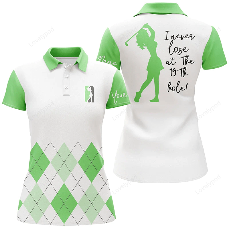 Womens golf polo shirt custom green argyle plaid golf top for ladies i never lose at the 19th hole GY0826