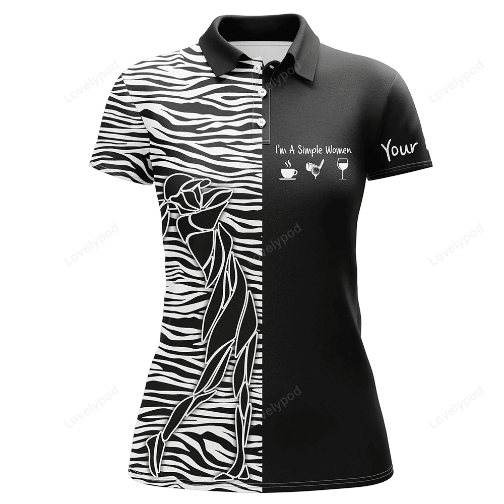 Black womens golf polo shirt custom i'm a simple women coffee golf wine zebra pattern ladies golf tops GY0827