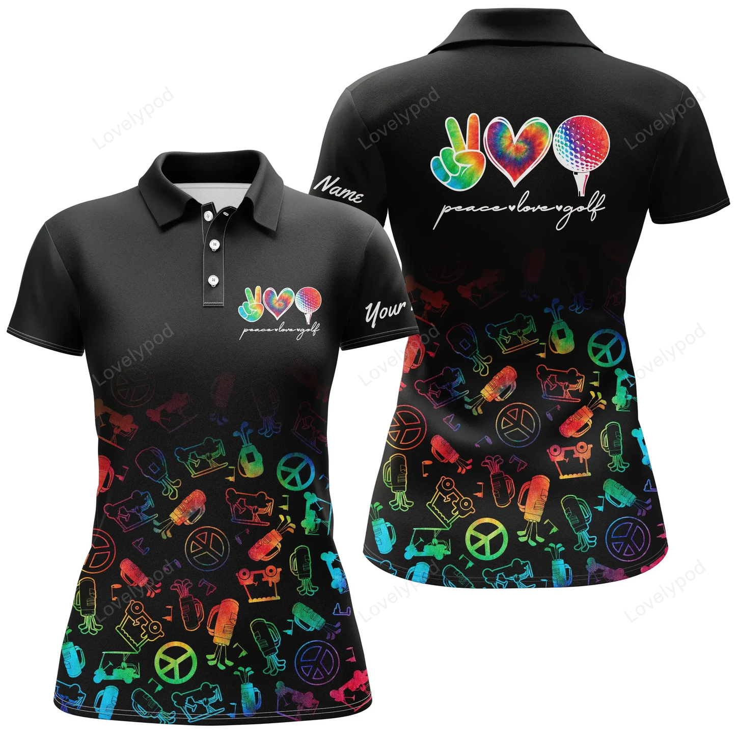 Black womens golf polo shirt custom name watercolor peace love golf, personalized golf shirt for women GY0910