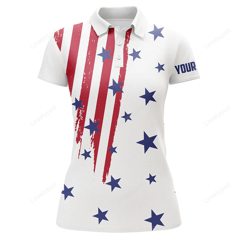 Personalized white golf polos shirt for women, american flag 4th july custom patriotic ladies golf GY0806