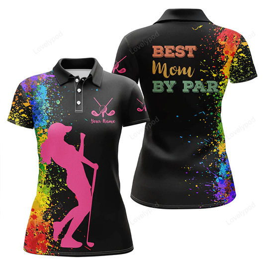 Womens golf polo shirt custom name black watercolor best mom by par, mother's day golf gift for mom GY0807