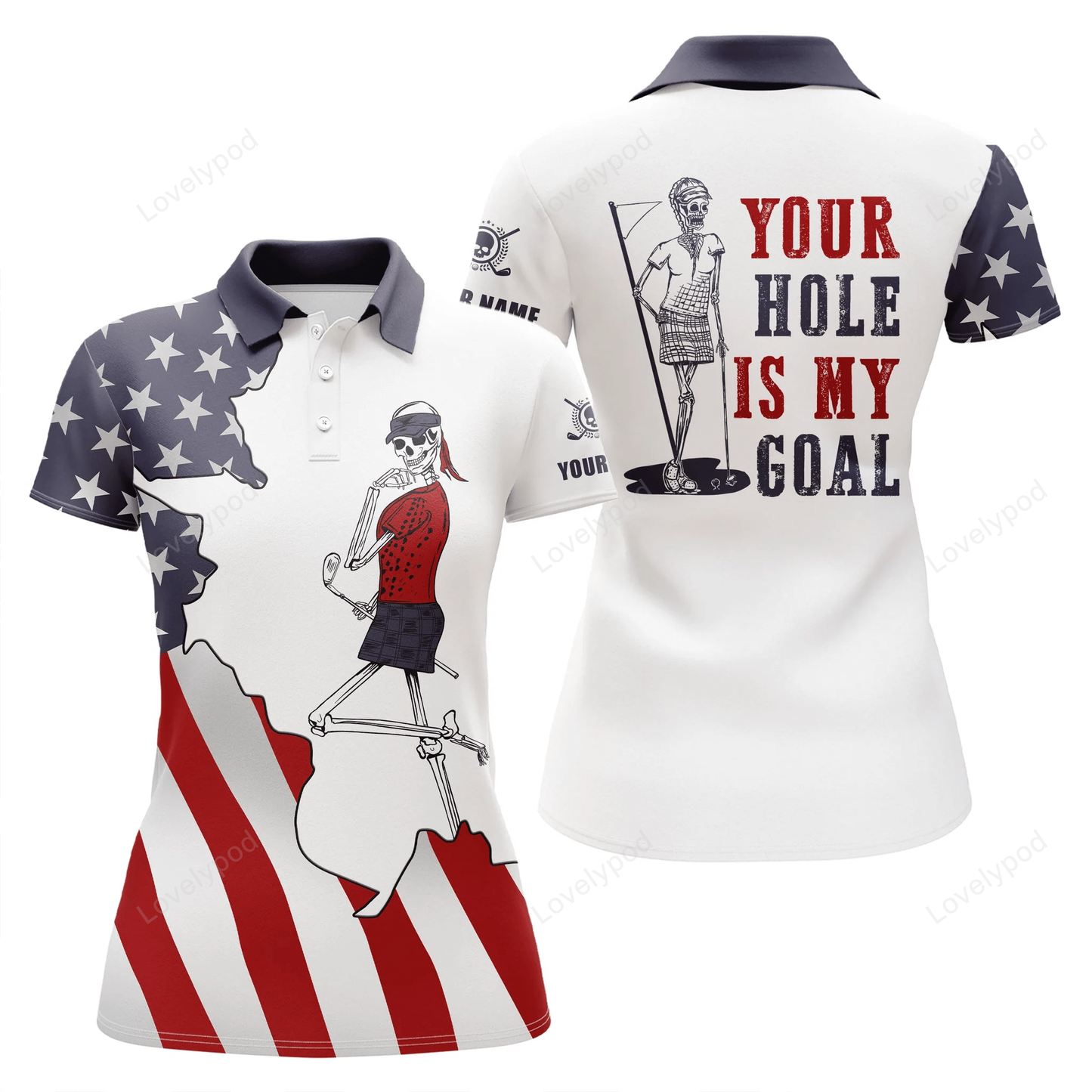 American flag patriotic womens golf polos shirt custom name funny golf skull your hole is my goal GY0821