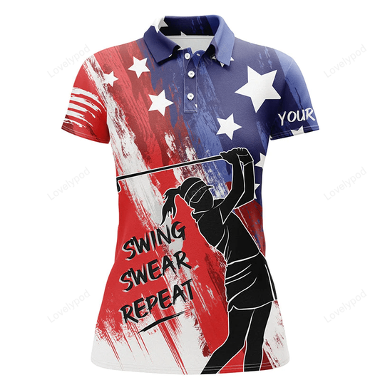 Red white and blue american flag womens golf polo shirt custom swing swear repeat patriotic golf shirt GY0842