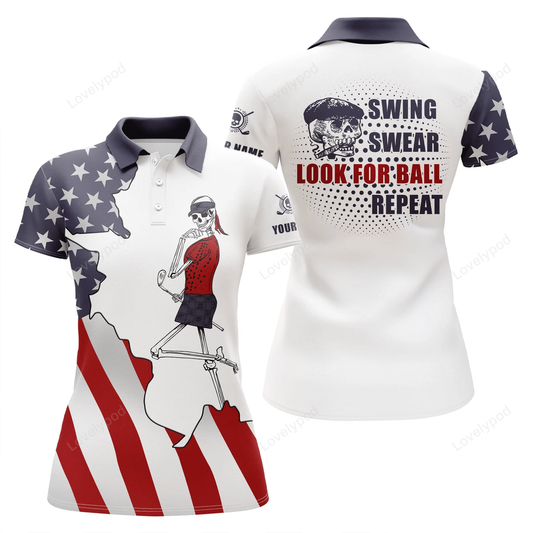 American flag patriotic women golf polos shirt custom name golf skull swing swear look for ball repeat GY0813