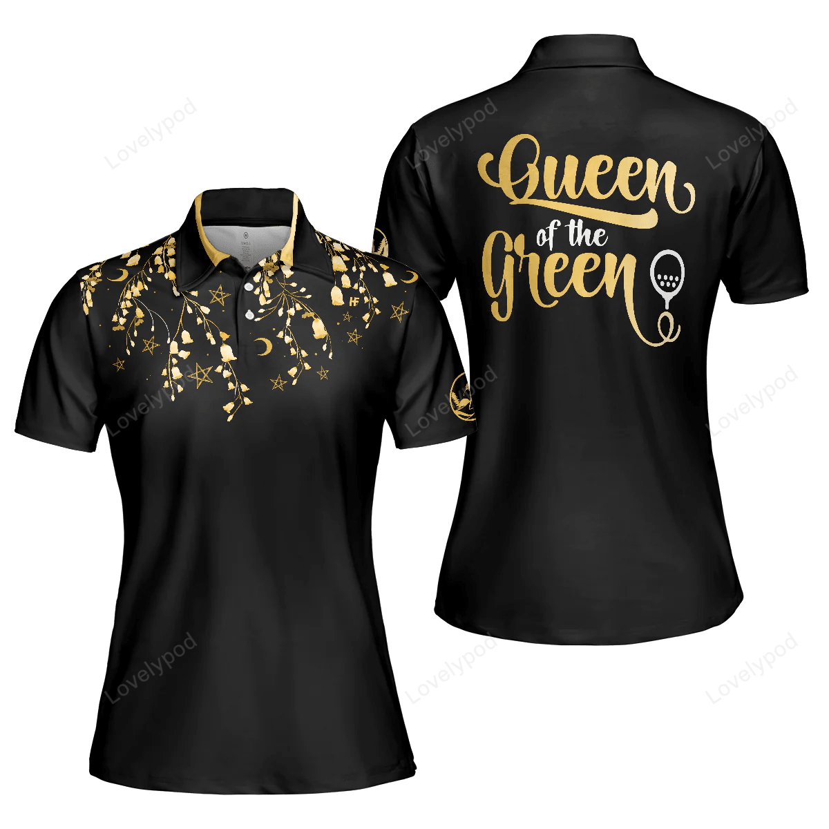 Elegant gold pattern queen of the green golf short sleeve women polo shirt, unique female golf gift GY1016