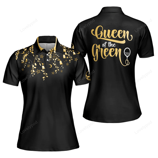 Elegant gold pattern queen of the green golf short sleeve women polo shirt, unique female golf gift GY1016