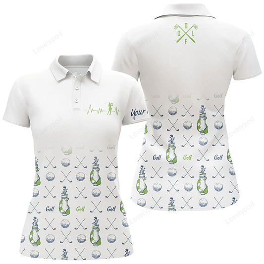 Womens golf polo shirt custom name golf clubs pattern white golf tops for women, golf gift for mom GY0830