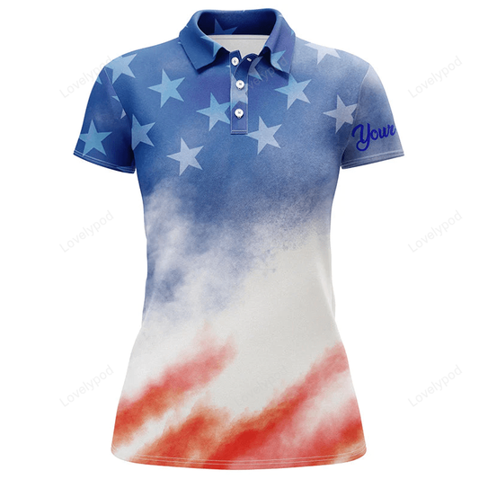 Womens golf polo shirt custom red white and blue tie dye pattern american flag team womens golf GY0883