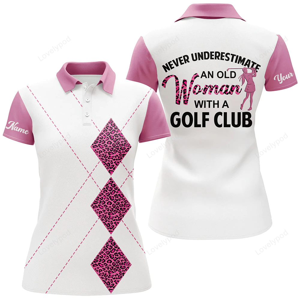 White pink leopard womens golf polos shirts custom never underestimate an old women with a golf club GY0872