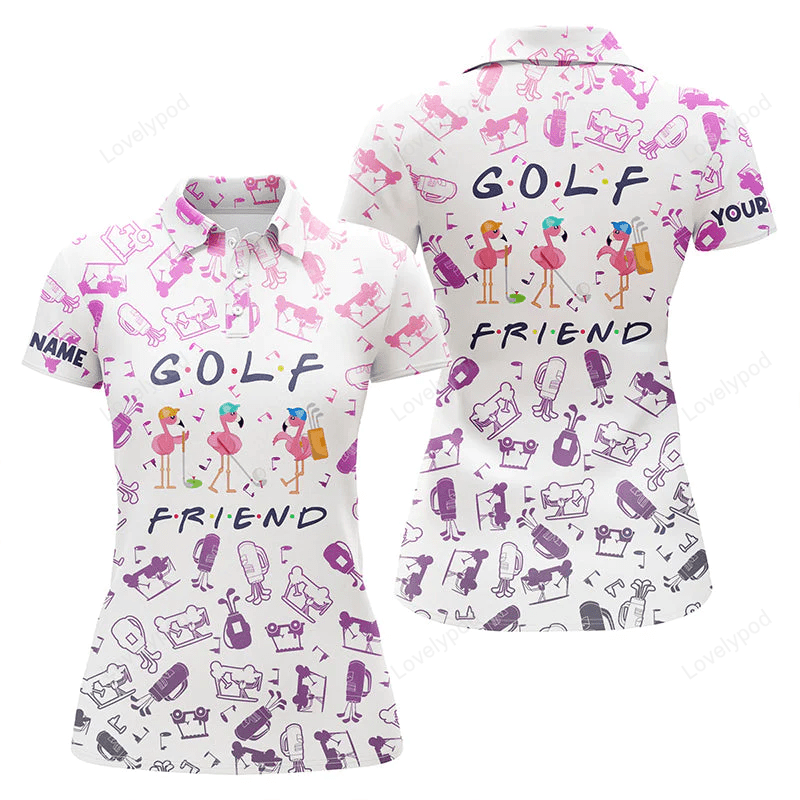 Funny womens golf polos shirts gradient neon golf icons pattern custom name flamingo golf friends GY0854