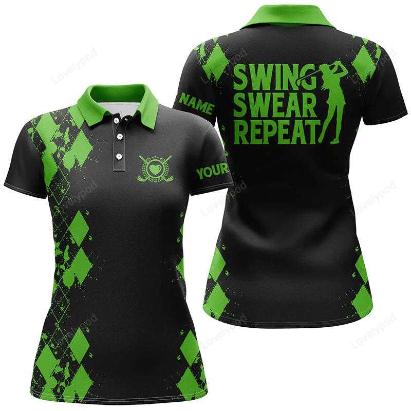 Womens golf polos shirts custom name swing swear repeat black golf shirt, golfing gifts GY0820