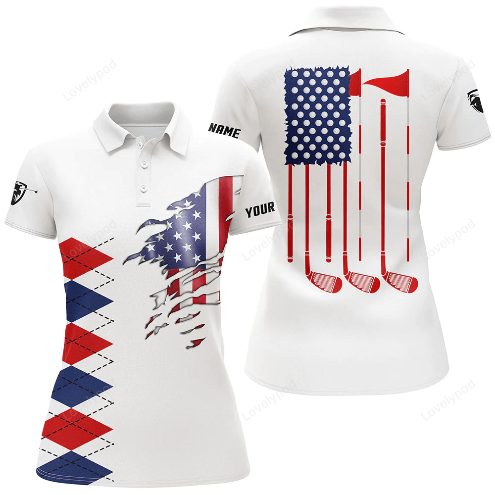 Personalized white golf polos shirt for women american flag 4th july custom ladies golf tops GY0798