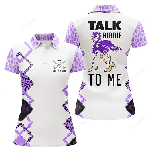 Funny purple leopard womens golf polo shirt, talk birdie to me custom name purple flamingo golf shirts GY0868