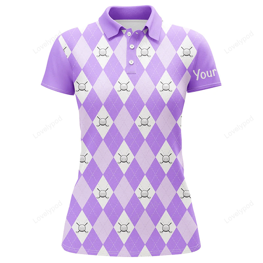 Purple argyle plaid pattern womens golf polos shirts custom golf shirts for women, ladies golf polo GY0845