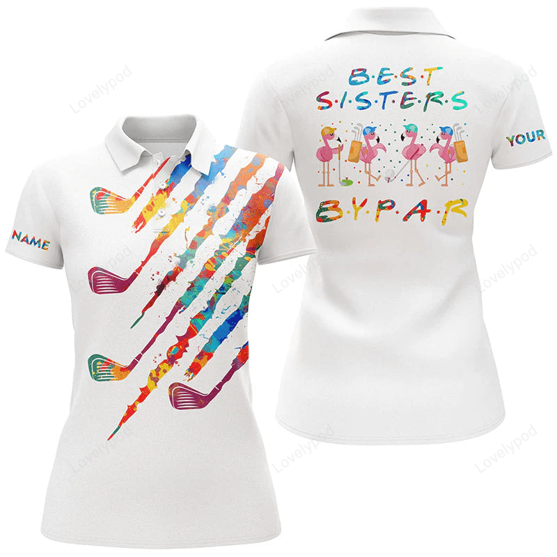 Womens golf polo shirts custom watercolors golf clubs best sister by par flamingo ladies golf tops GY0819