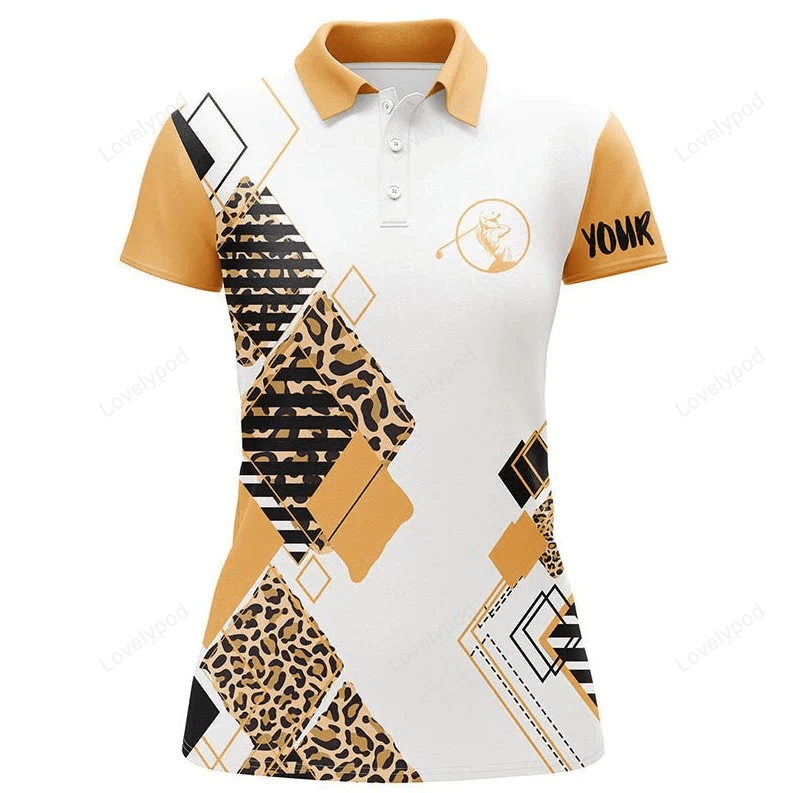 Yellow womens golf polo white shirt leopard pattern custom name golf gift for women GY1055