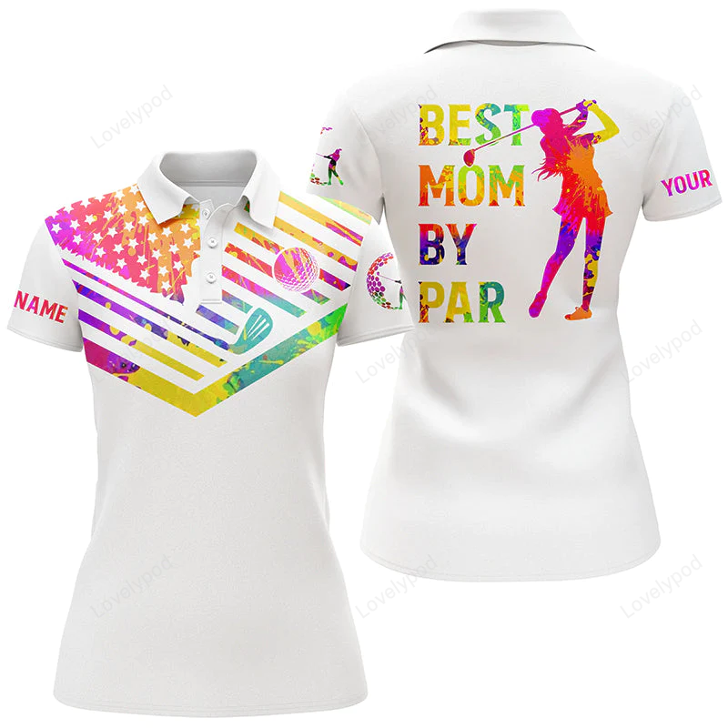 Womens golf polo shirt watercolor american flag custom name best mom by par, mother's day golf gift GY0864