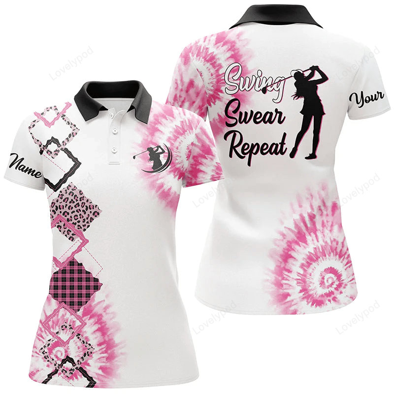 Womens golf polo shirt custom name pink tie dye leopard swing swear repeat white golf shirt for women GY0836